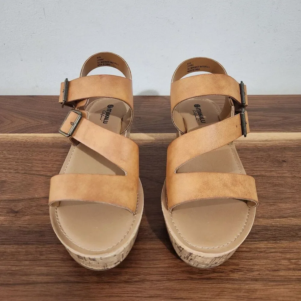 Makalu Womens 9.5 Leanne Cork Heeled Platform Wedge Faux Leather Sandal